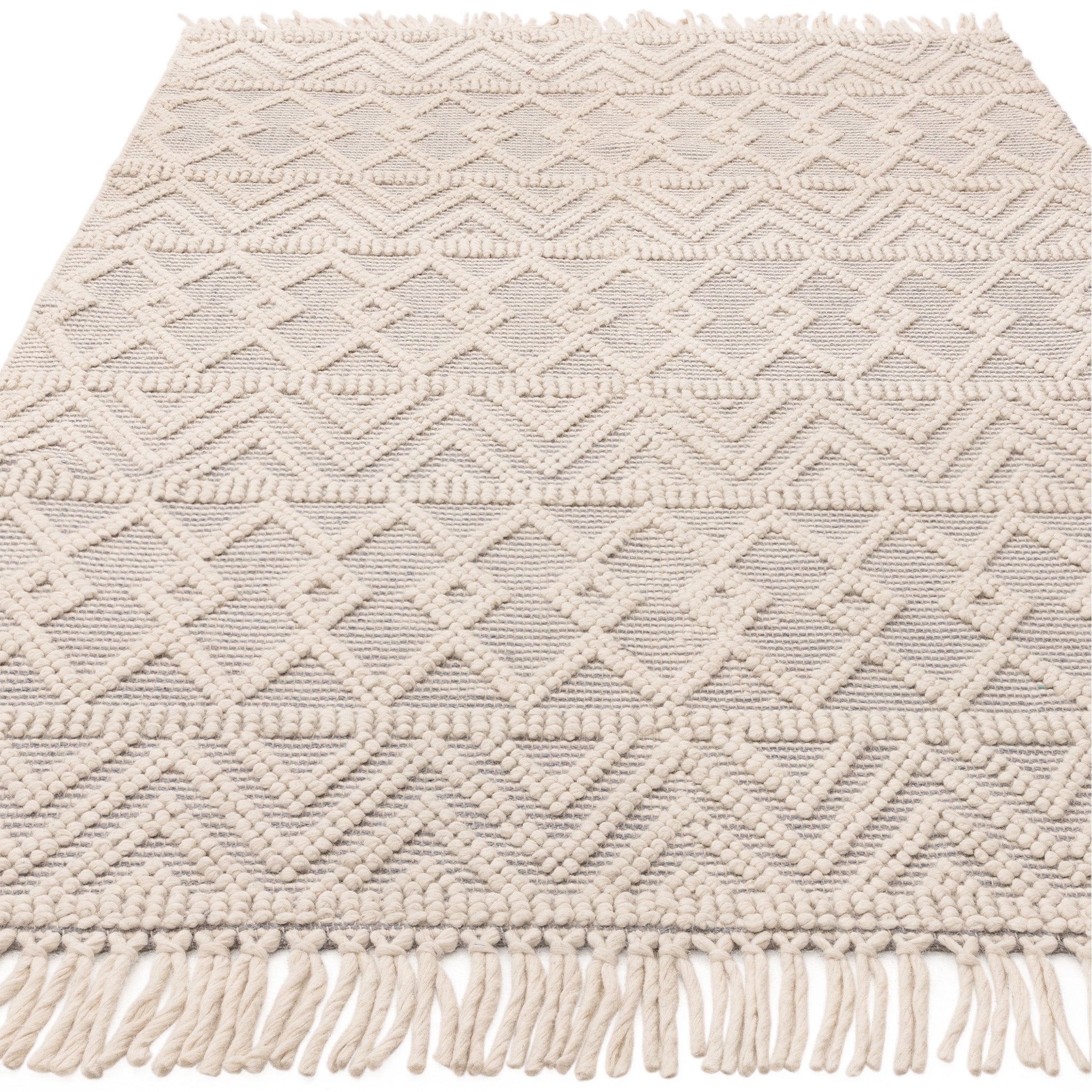 Bobble and Fringe Boho Rug in Grey